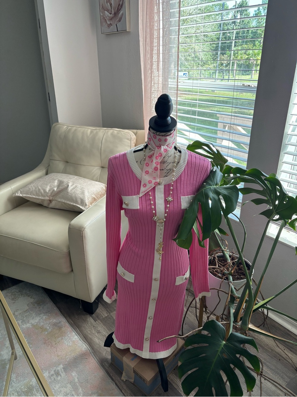 Fashion Nova Pink Ribbed Button-Front Long Sleeve Dress with White Trim